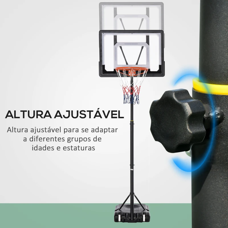 HOMCOM Tabela de Basquetebol para Exterior com Altura Ajustável  206-260 cm Rodas e Base Recarregável Preto