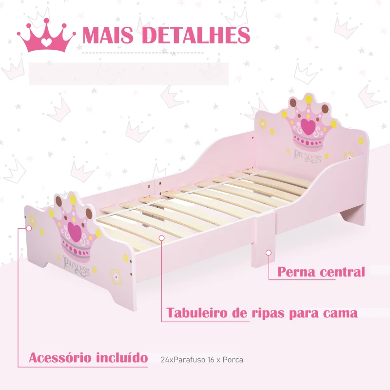 HOMCOM Cama Infantil +3 Anos 143x73x60 cm com Estampado Coroa Carga 50 kg para Quarto Rosa