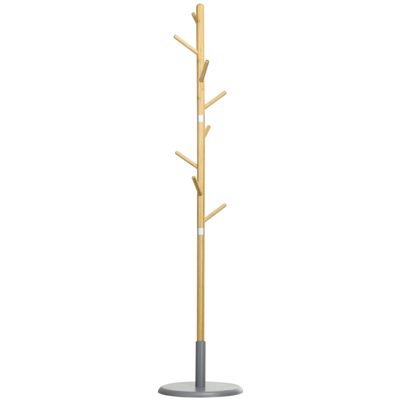 HOMCOM Cabide de Pé de Bambu Moderno com 8 Ganchos para Roupas Bolsas  Ø37,8x175,6 cm Madeira e Cinza