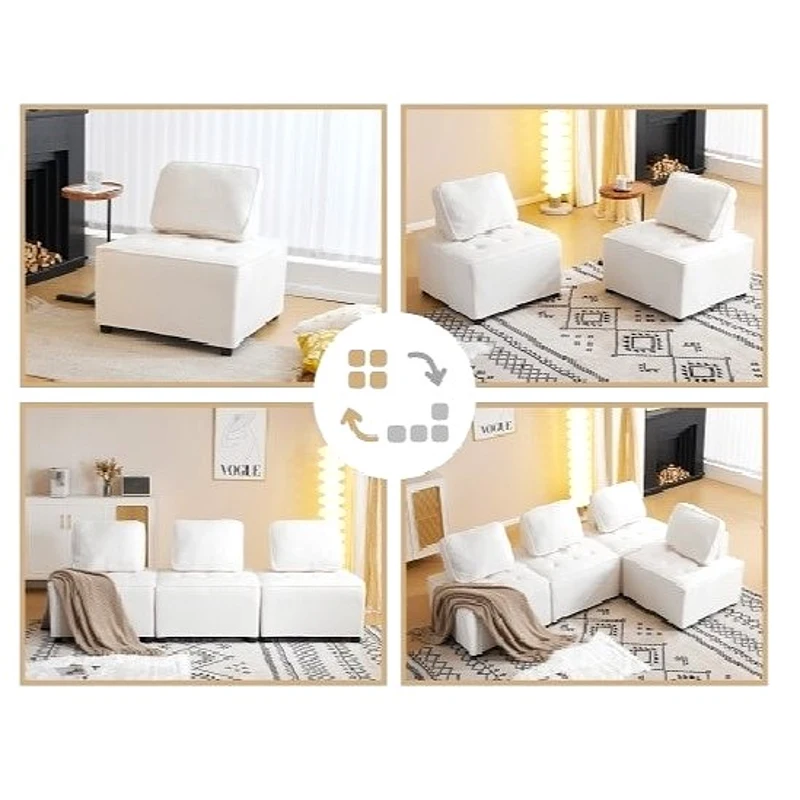 Divano Modulare per Soggiorno in Tessuto Teddy Vellutato, Combinazione Flessibile, Design Moderno, 76x73x76 cm - Poltrone Relax Moderne, Bianco