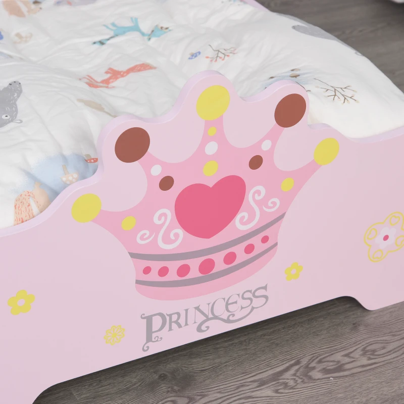 HOMCOM Cama Infantil +3 Anos 143x73x60 cm com Estampado Coroa Carga 50 kg para Quarto Rosa