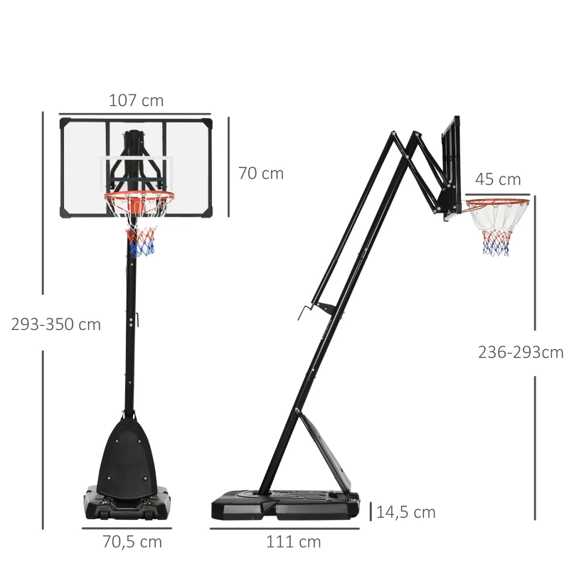 SPORTNOW Tabela de Basquetebol com Altura Ajustável Rodas Base Preenchida com Água ou Areia para Exterior 111x70,5x293-350 cm Preto