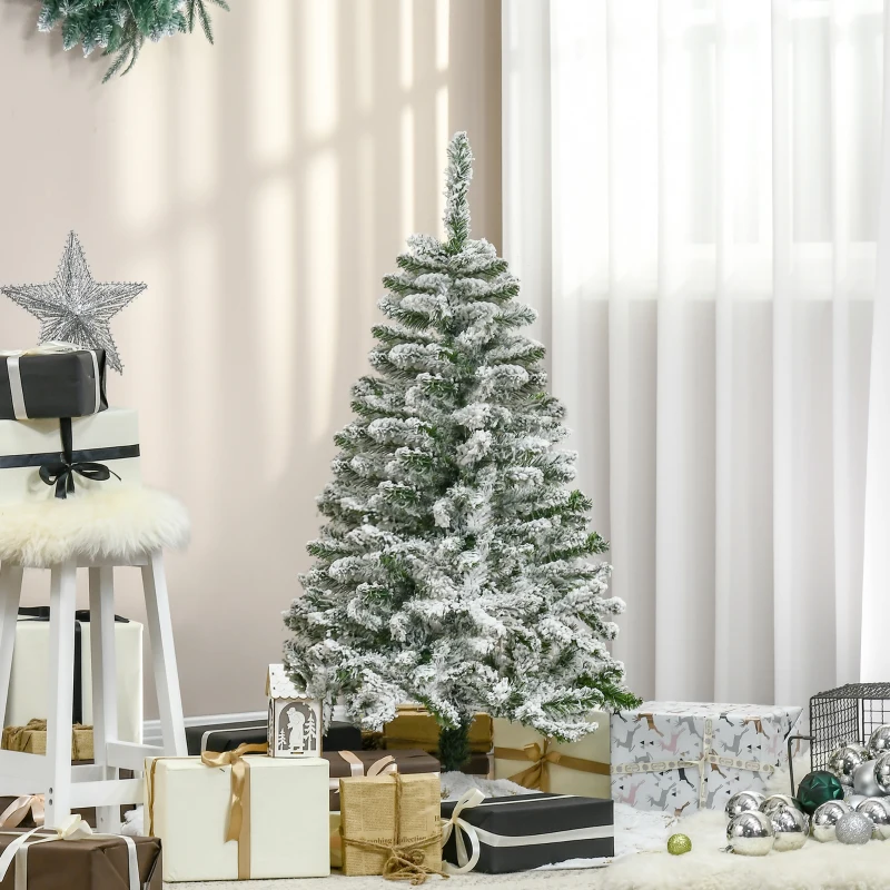 HOMCOM Árvore de Natal Artificial 120 cm com Neve Ignífugo com 200 Ramos Folhas de PVC Abertura Automática Base Dobrável Verde