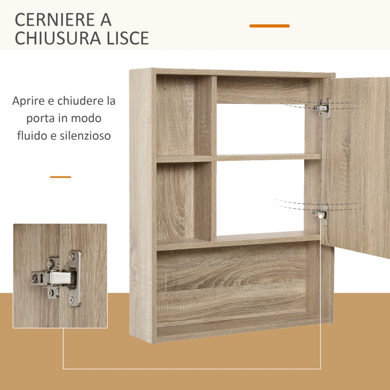 kleankin Armadietto Bagno a Specchio con Ripiani Regolabile, Specchio Bagno Contenitore con Porta Salvaspazio, Montaggio a Parete, 60x15x76 cm, Rovere