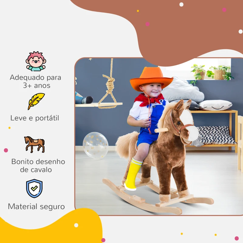 HOMCOM Cavalo de Brincar para crianças +3 anos com Pegas Estrutura Metálica e Base em Madeira Carga 40 kg 74x33x62 cm Castanho