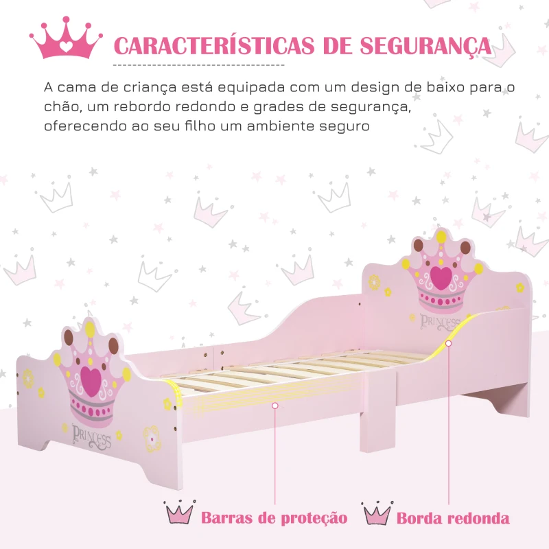 HOMCOM Cama Infantil +3 Anos 143x73x60 cm com Estampado Coroa Carga 50 kg para Quarto Rosa