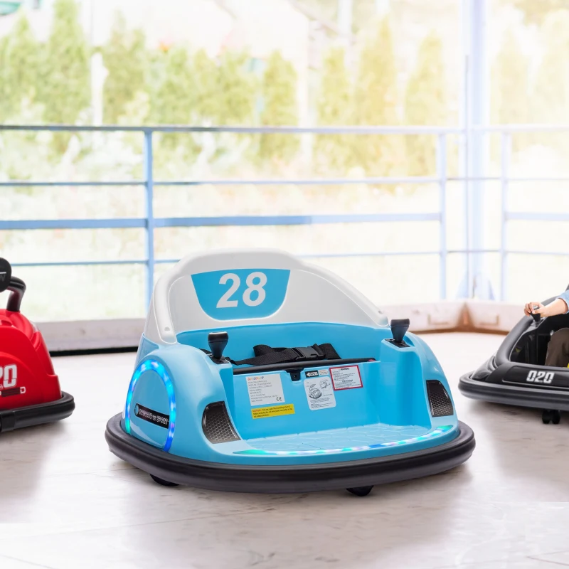 AIYAPLAY 360° Rotation Kids Bumper Car, 12V Waltz Car with Remote Control, Dual Joystick, Music, Lights, Light Blue
