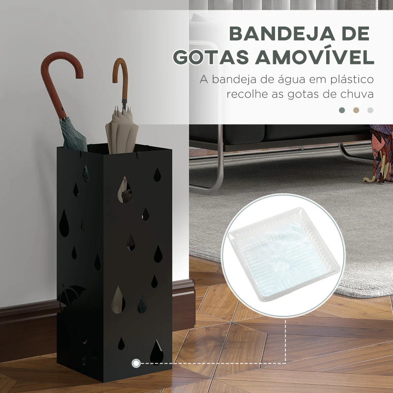 HOMCOM Suporte para Guarda-Chuvas com 4 Ganchos e Bandeja de Gotejamento Amovível Porta Guarda-Chuvas 15,5x15,5x41 cm Preto