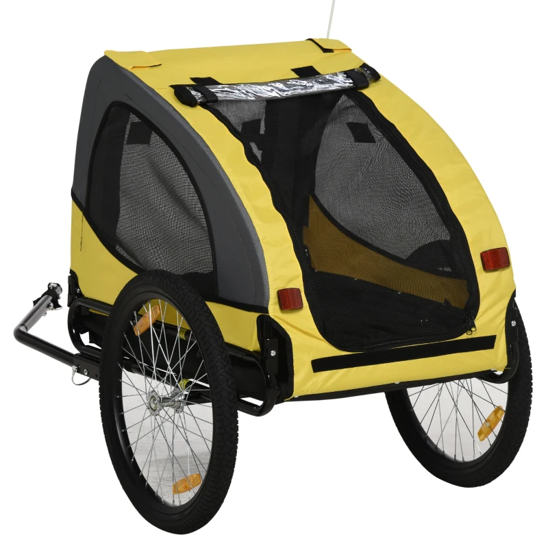 PawHut Hundeanhänger bis 20kg Netzfenster aufrollbare Abdeckung Universalkupplung Stahlrahmen gelb 140 x 71 x 83 cm