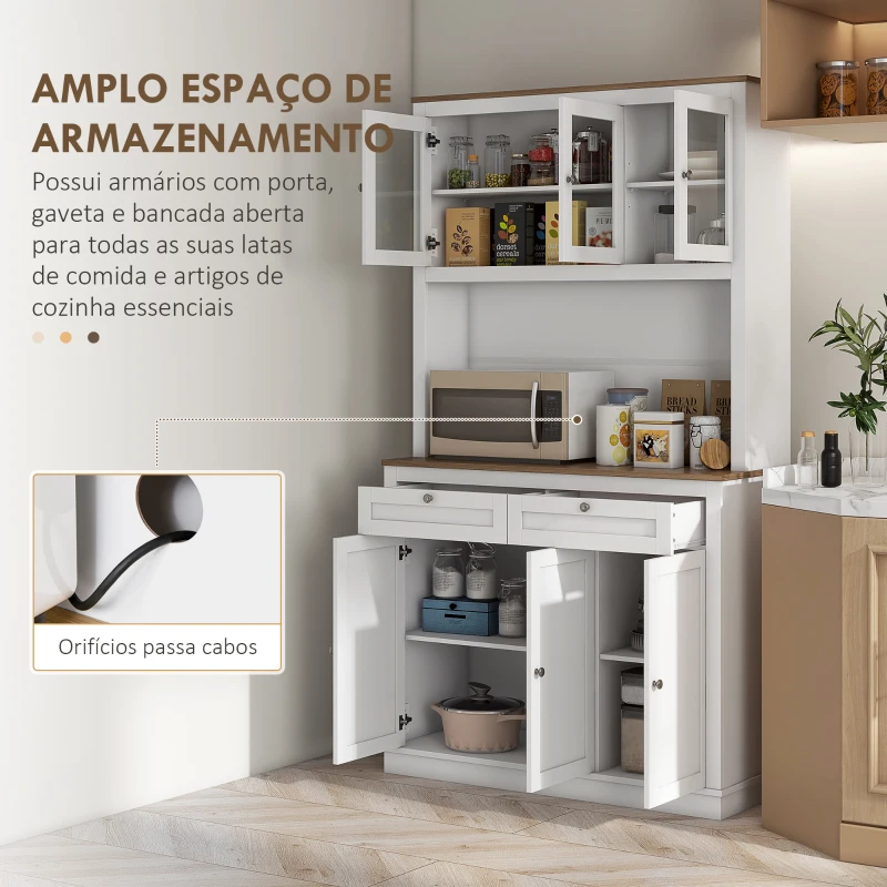 HOMCOM Armário de Cozinha com 3 Portas de Vidro Compartimento Aberto 2 Gavetas e Prateleiras Ajustáveis 100x40x180 cm Branco