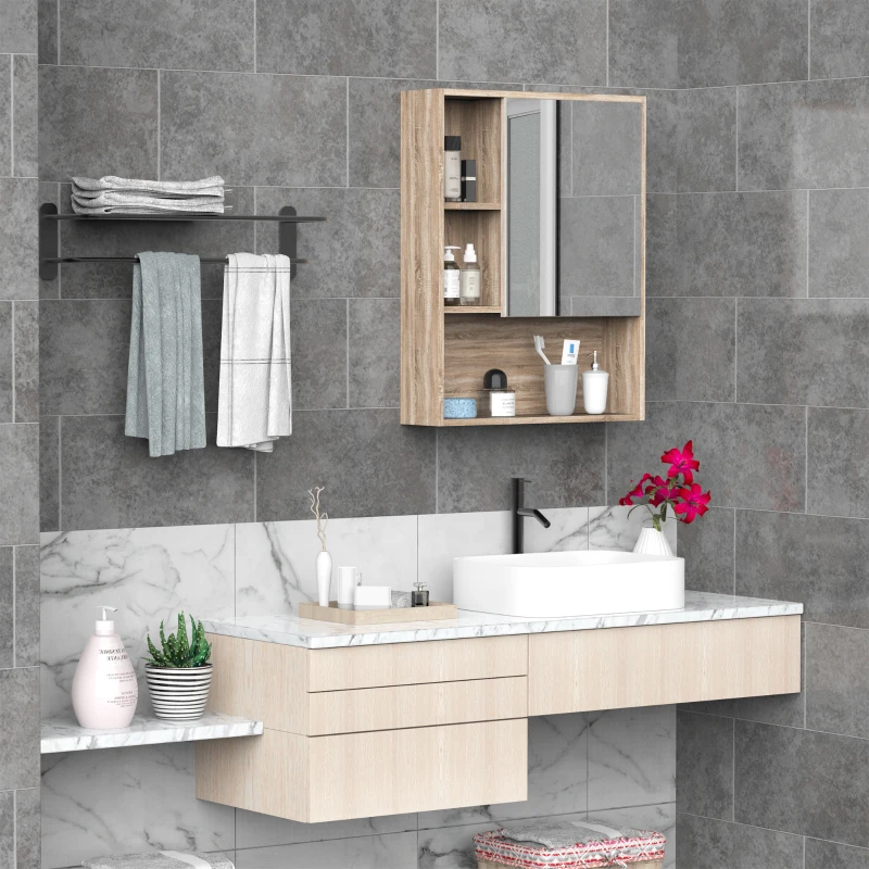 kleankin Armadietto Bagno a Specchio con Ripiani Regolabile, Specchio Bagno Contenitore con Porta Salvaspazio, Montaggio a Parete, 60x15x76 cm, Rovere