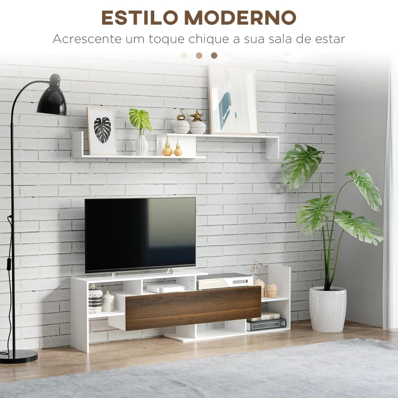 HOMCOM Móvel de TV Moderno Móvel para Televisores 153,6x25x42 cm e Prateleira de Parede 150x14,5x16,3 cm Branco e Marrom