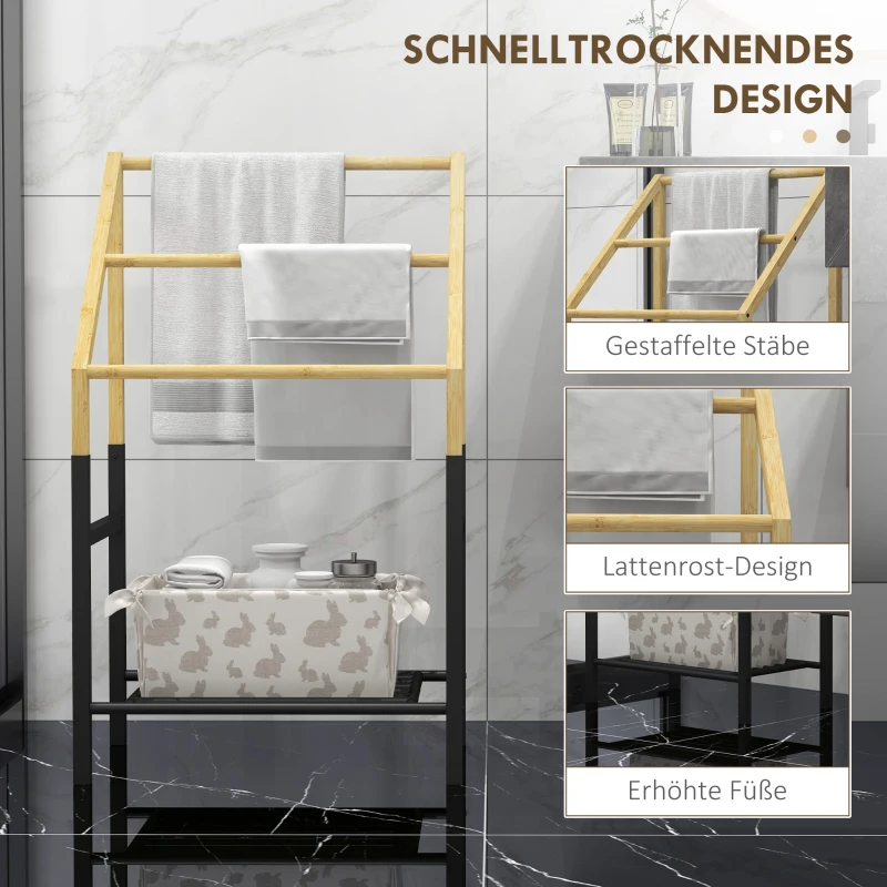 HOMCOM Handdoekenhouder, vrijstaand, 3 stangen, 51x31x85,5cm, Zwart/Natuurhout