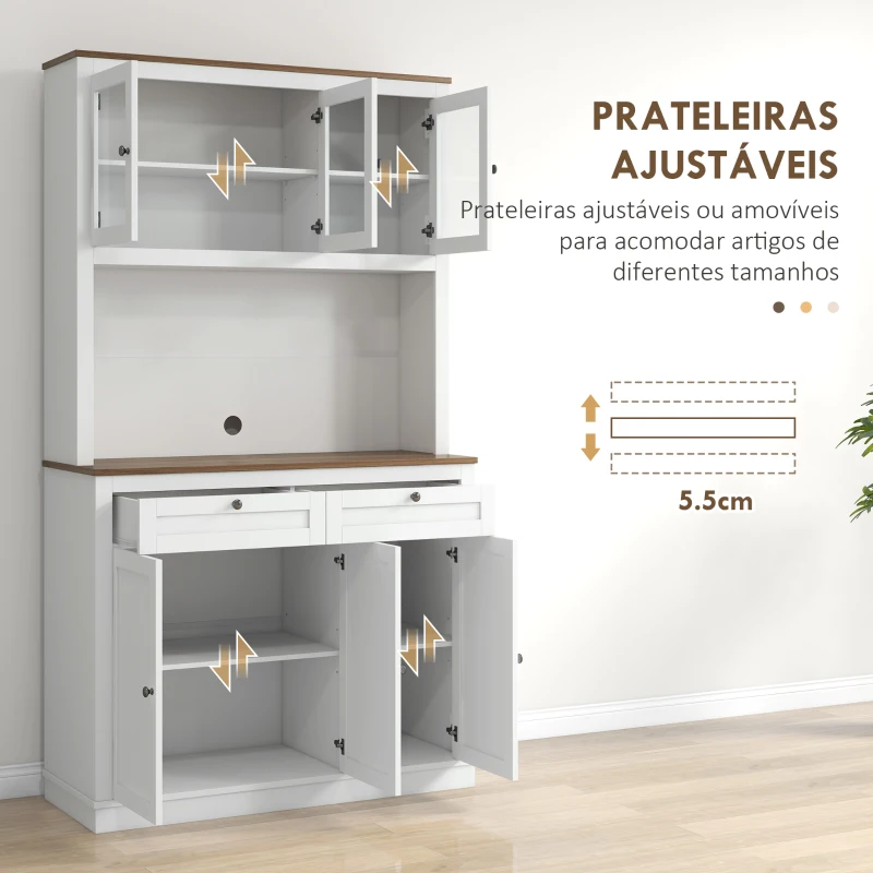 HOMCOM Armário de Cozinha com 3 Portas de Vidro Compartimento Aberto 2 Gavetas e Prateleiras Ajustáveis 100x40x180 cm Branco