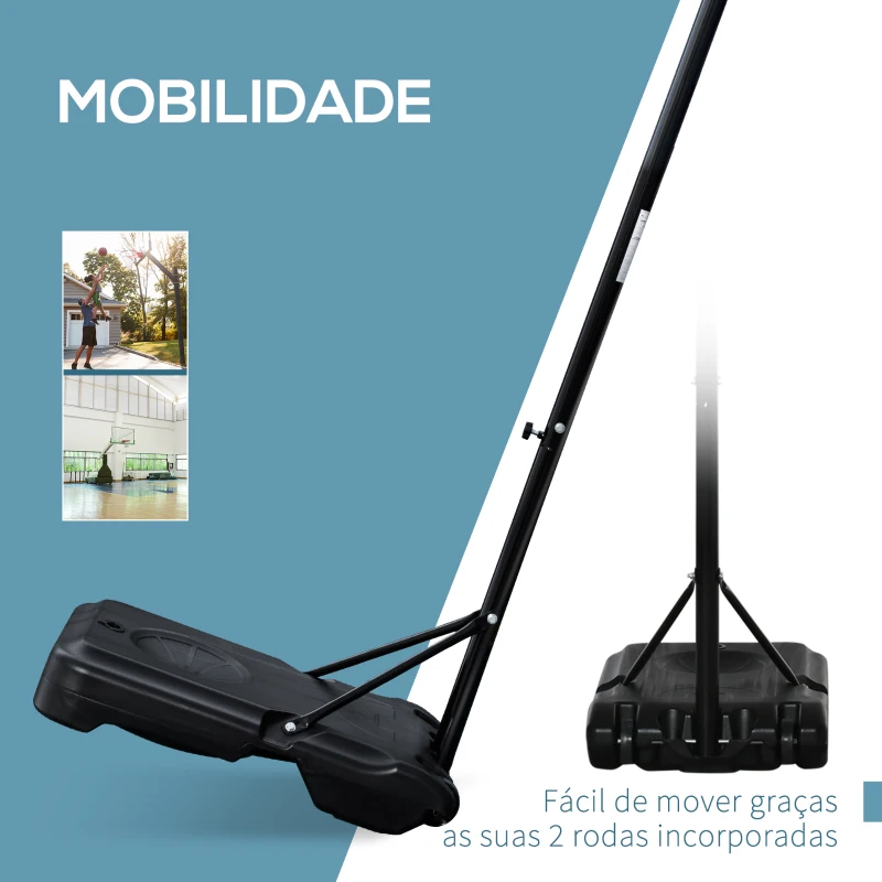HOMCOM Tabela de Basquetebol para Exterior com Altura Ajustável 258x314 cm com Rodas Base Recaregável Preto e Vermelho