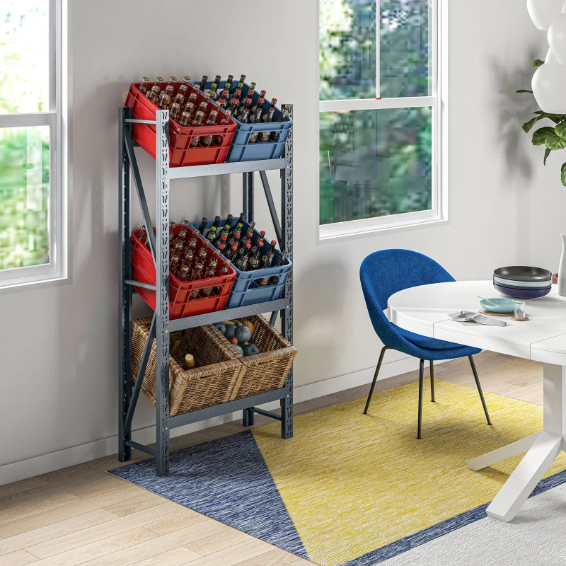 HOMCOM Regał na skrzynki napojów, 3-poziomowy, pokryta stal, szybki montaż, Szary, 80x30x160 cm