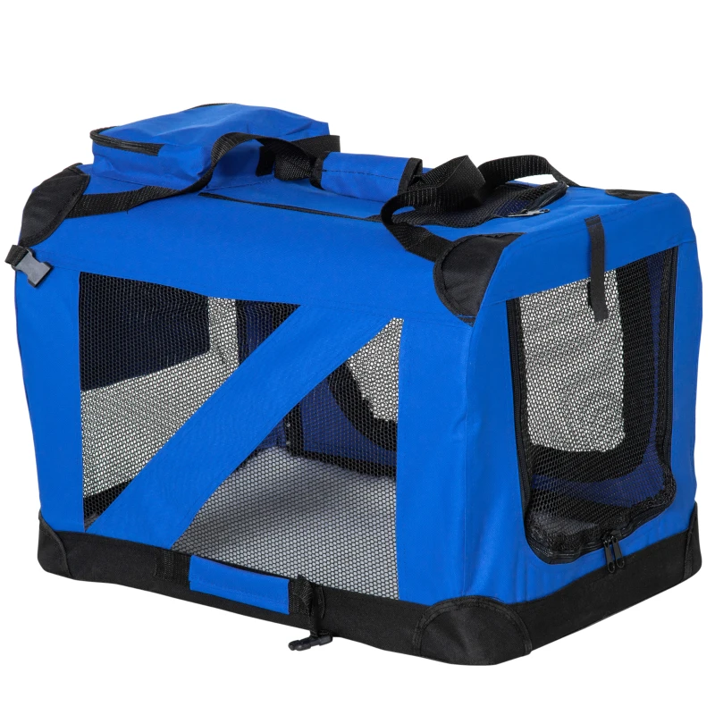 PawHut Transportadora para Cães e Gatos Respirável Dobrável com Almofada Janela de Malha e 2 Bolsos 60x42x42 cm Azul