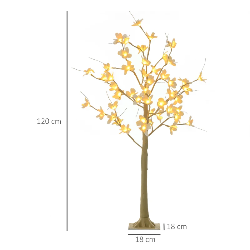 HOMCOM Árvore Cerejeira com 48 Luzes LED IP44 em Branco Quente Ramos Flexíveis Árvore de Decoração 18x18x120cm Cáqui