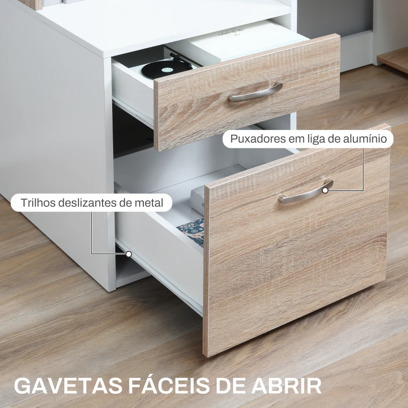 HOMCOM Secretária para Computador 137x55x92cm Secretária com 3 Prateleiras 2 Gavetas e Suporte para Impressora para Escritório Estudio Branco e Carvalho