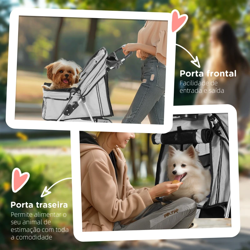 PawHut Carrinho para Animais de Estimação Dobrável Carrinho para Cães e Gatos com Rodas Giratórias Cesto e Suporte para Copos 75x45x97cm Cinza