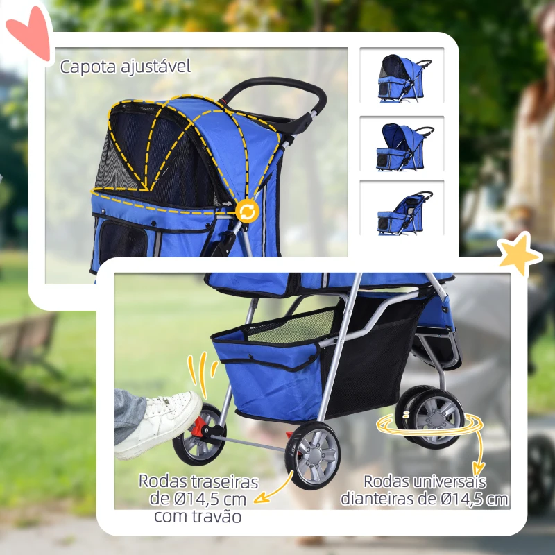 PawHut Carrinho para Animais de Estimação Dobrável Carrinho para Cães e Gatos com Rodas Giratórias Cesto e Suporte para Copos 75x45x97cm Azul