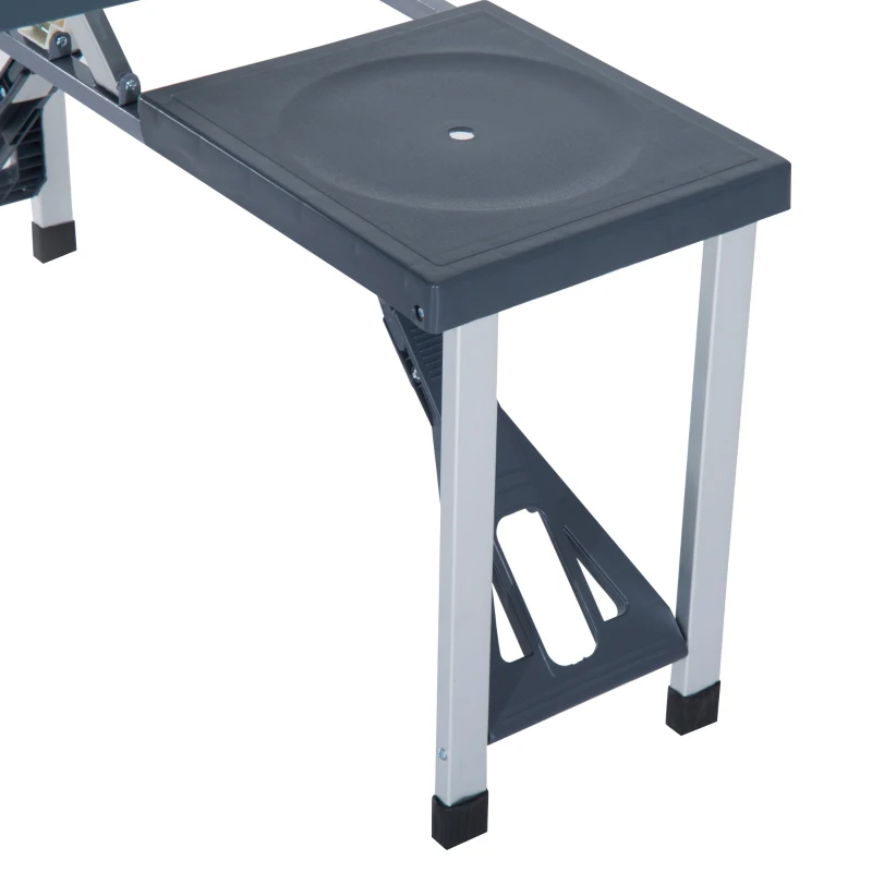 Outsunny Mesa de Campismo Dobrável Mesa Campismo Portátil com 4 Assentos e Orifício para Chapéu de Sol Alumínio para Praia Piquenique 136x84,5x66cm Cinza