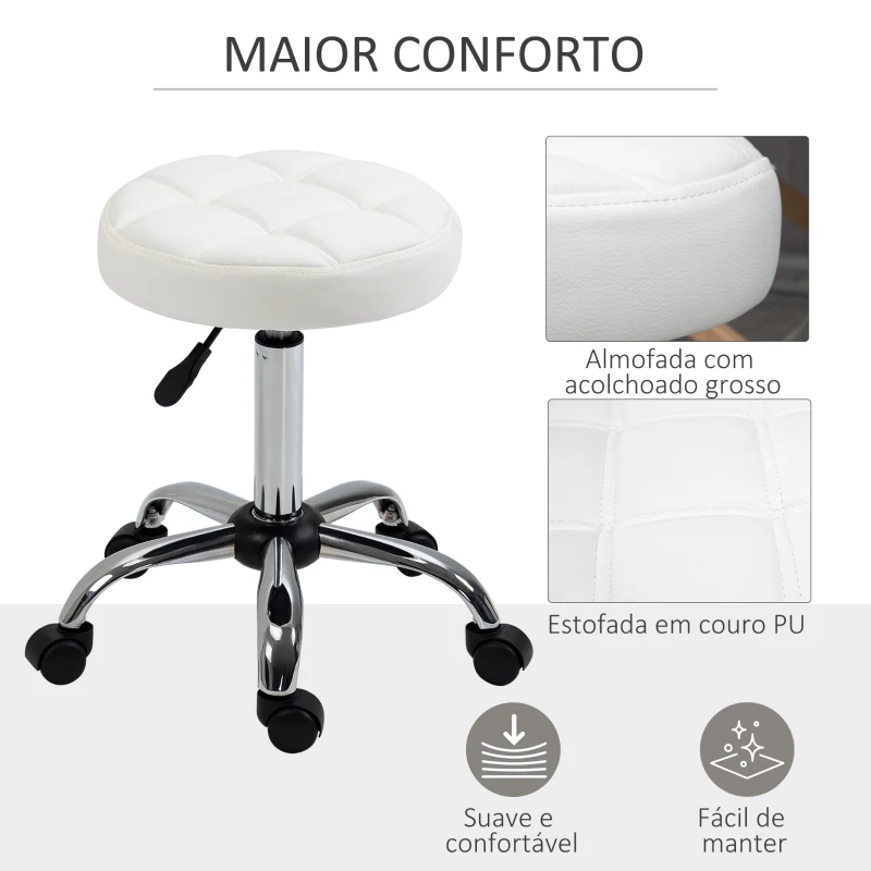 HOMCOM Banco Giratório com Rodas Altura Ajustável entre 48-63cm Banco de Trabalho Estofado em Couro PU para Salão Dentista Diâmetro Ø35,5cm Branco