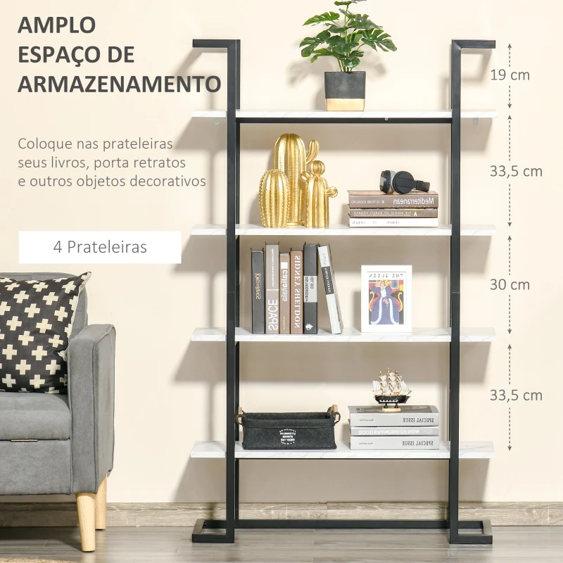 HOMCOM Estante de 4 Níveis Estante de Livros com Armazenamento com Prateleiras com Efeito de Mármore Moderno para Sala de Estar Escritório Cozinha Dormitório 92x35x152cm Preto e Branco