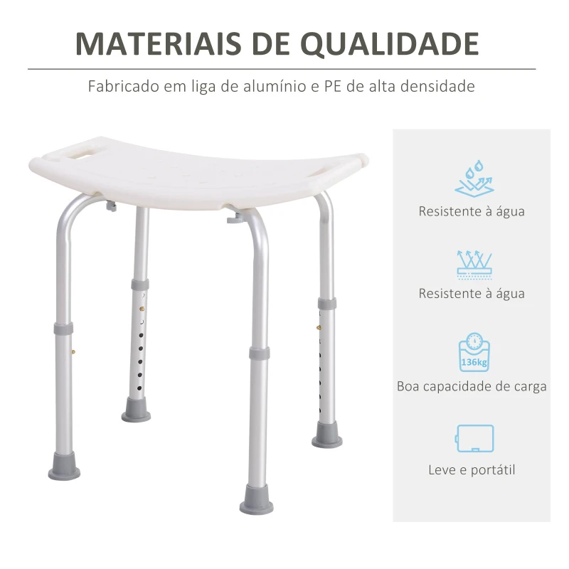 Banquinho de Duche Cadeira Banho 8 Posições Altura Regulável com Tampões de Borracha