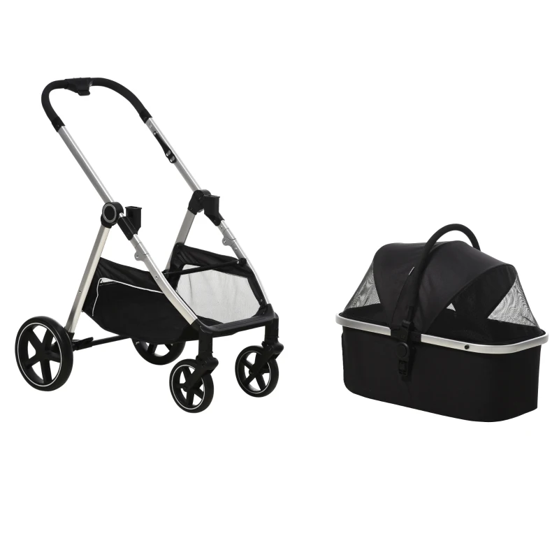PawHut 2-IN-1 Hundebuggy Tragtasche bis 10kg Kissen klappbar 1 Aufbewahrungskorb 83 cm x 58 cm x 102 cm Schwarz