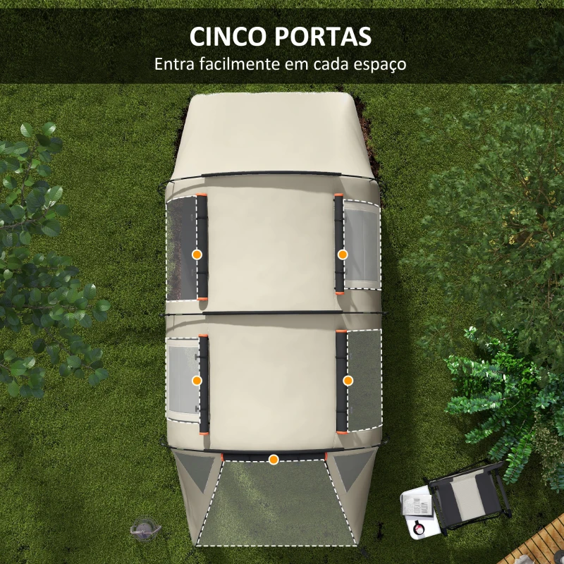 Outsunny Tenda de Campismo Familiar para 2 Pessoas com 2 Ambientes 5 Portas e Bolsa de Transporte Impermeável 460x230x180 cm Caqui
