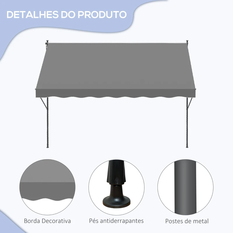 Outsunny Toldo Manual Retrátil Ajustável 300x170x200-290 cm com Manivela Proteção Solar UV40+ para Varanda Jardim Cinza