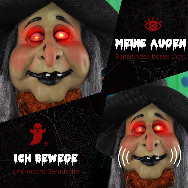 HOMCOM Heks met Toverdrank, Halloween Decor, Griezelige Geluiden, Rode Ogen, Beweegbaar, 183 cm(m-5)
