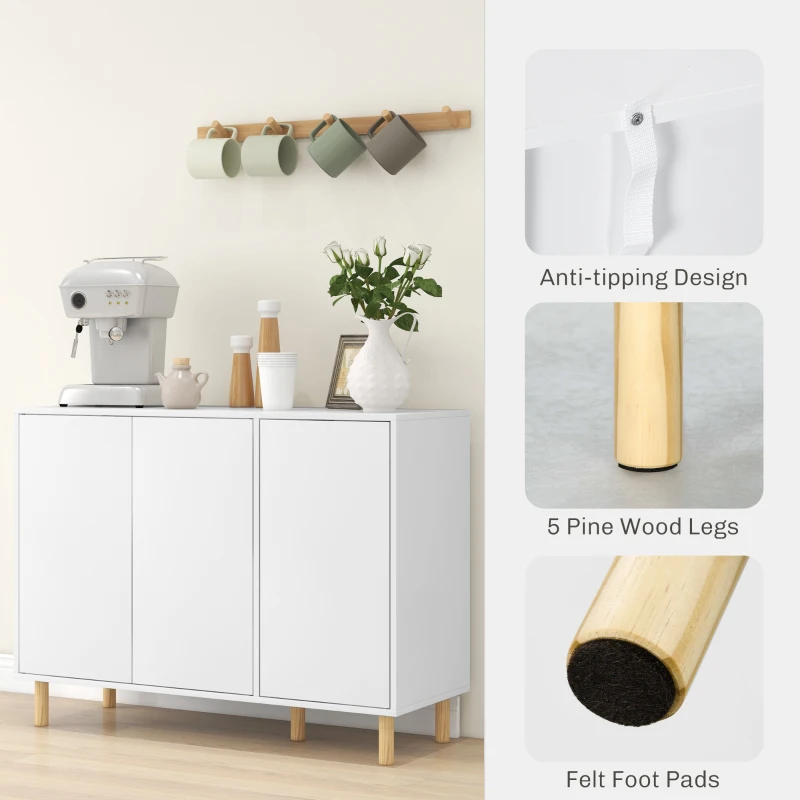 HOMCOM Bufet Modern cu 2 Dulapuri și 3 Rafturi, Mobilier Multifuncțional din Lemn, 107x40x80 cm, Alb