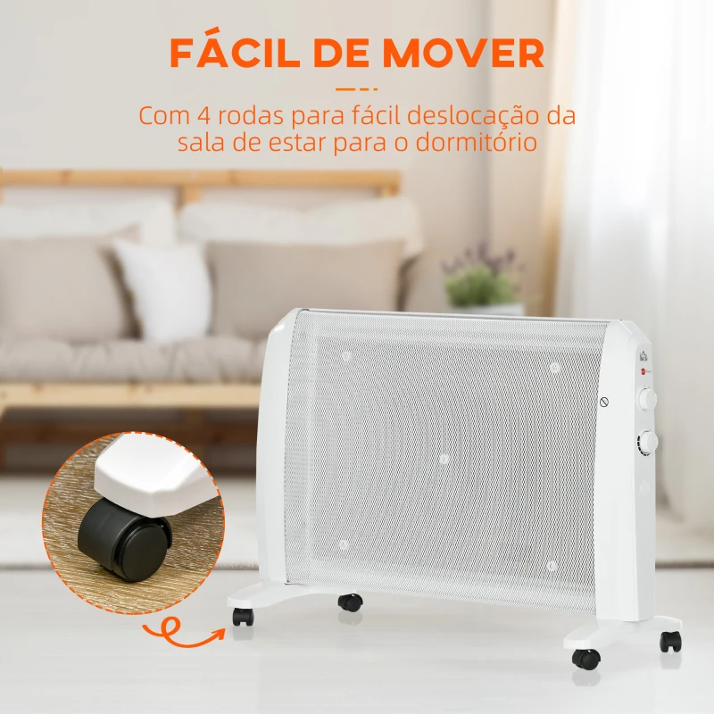 HOMCOM Aquecedor Elétrico 1000W/2000W Aquecedor de Mica com 2 Níveis de Potência e Termostato Regulável 79x27x54 cm Branco