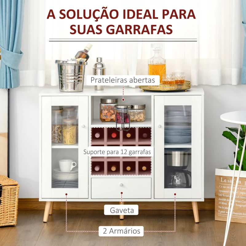 HOMCOM Aparador de Cozinha Armário de Armazenamento com 12 suportes para Garrafas e 3 Estantes Portas de vidro 100x33x80cm Branco