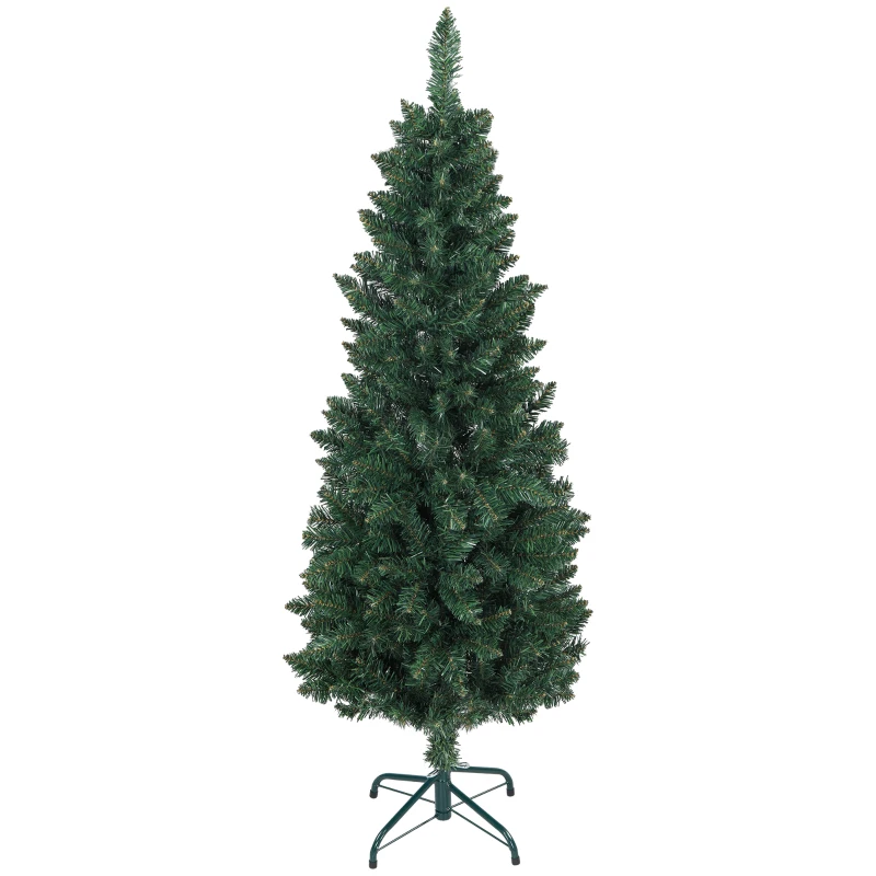 HOMCOM Árvore de Natal Estreita Árvore de Natal Tipo Lápis de 150 cm com Base Dobrável e 317 Ramos para Escritório Verde