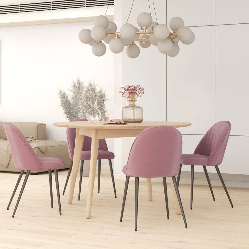 HOMCOM Conjunto de 4 Cadeiras de Sala de Jantar Modernas Cadeiras Estofadas em Veludo com Encosto Alto e Pés de Aço 50x52x83 cm Rosa