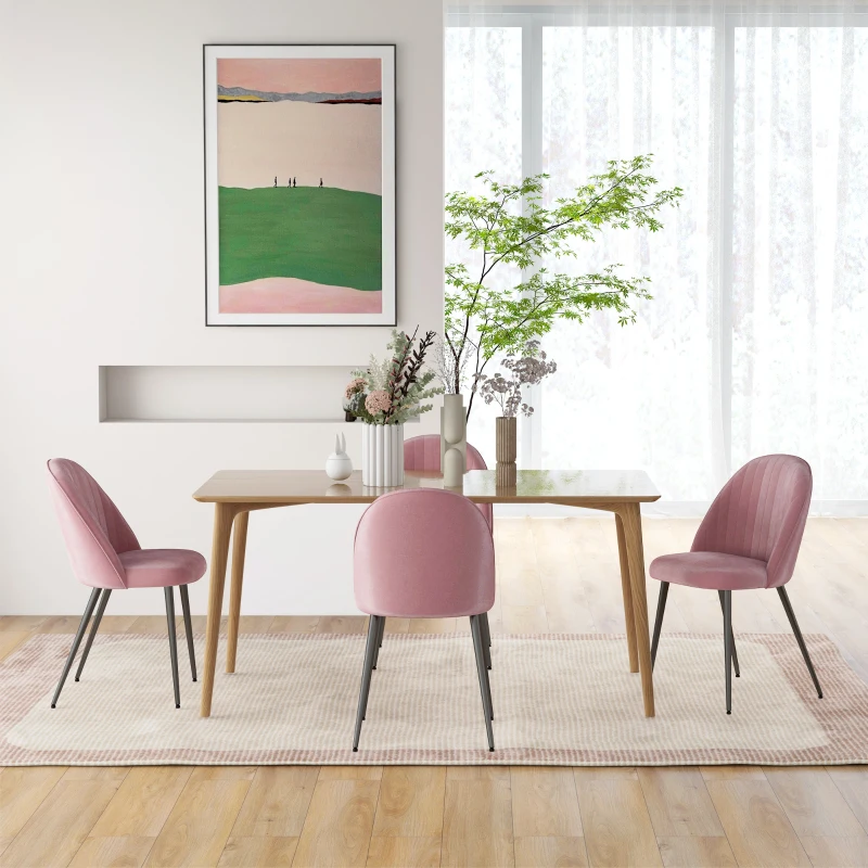 HOMCOM Conjunto de 4 Cadeiras de Sala de Jantar Modernas Cadeiras Estofadas em Veludo com Encosto Alto e Pés de Aço 50x52x83 cm Rosa