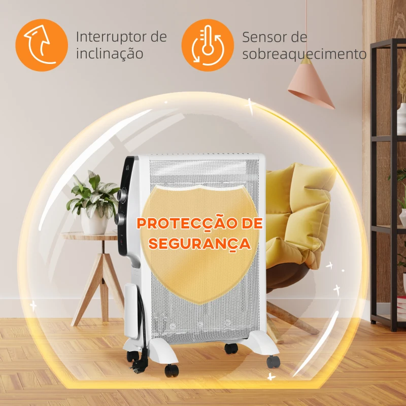 HOMCOM Aquecedor Elétrico 750W/1500W Aquecedor de Mica com Ecrã LED Controlo Remoto Termostato Temporizador 47x26,5x61,5cm Branco