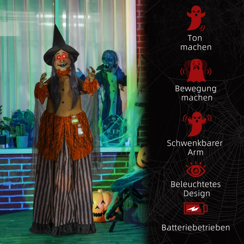 HOMCOM Heks met Toverdrank, Halloween Decor, Griezelige Geluiden, Rode Ogen, Beweegbaar, 183 cm(m-7)