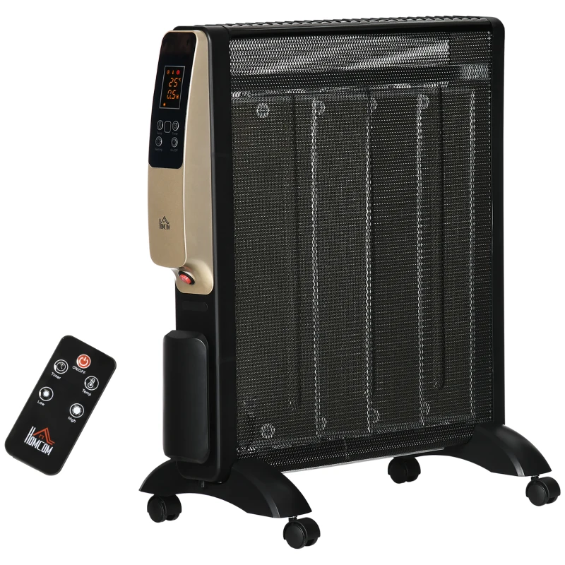 HOMCOM Aquecedor Elétrico 1000/2000W com Painel de Mica Controlo Remoto Termostato Temporizador e 4 Rodas 56x26,5x61,5cm Preto