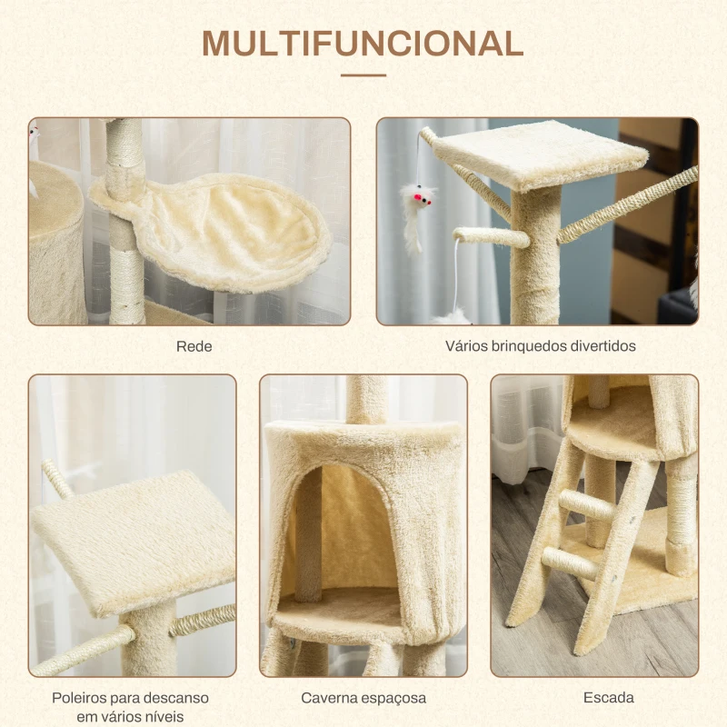 PawHut Arranhador para Gatos de 134,2 cm com Caverna Plataformas Rato de Brinquedo Rede e Postes de Sisal 50x35x134,2 cm Bege