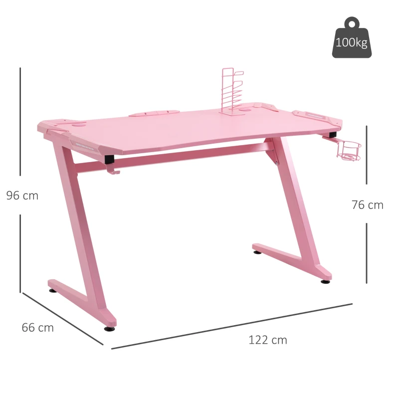 HOMCOM 122 x 66 cm Gaming Desk, Carbon Fibre Covered Computer Desk, Gamer Workstation with Headphone Hook, Cup Holder and Gamepad Storage Rack, Pink