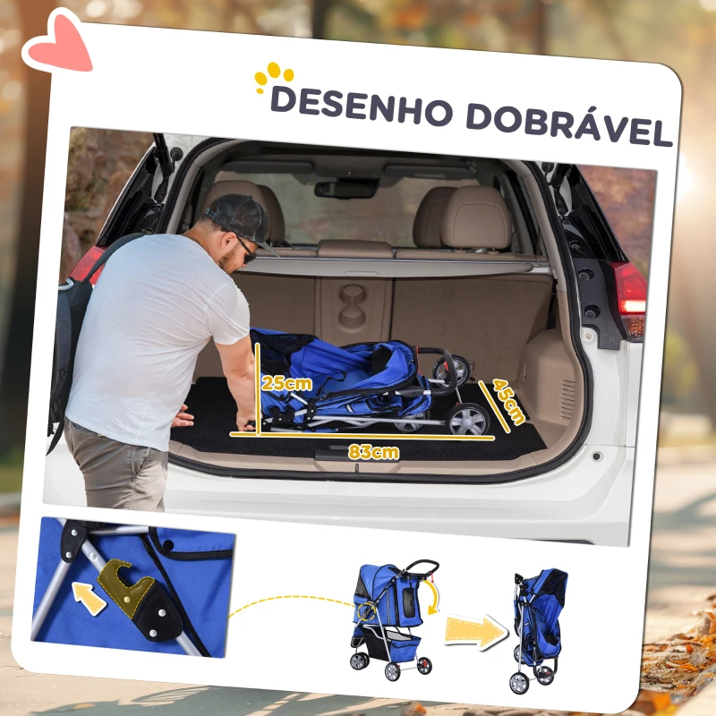 PawHut Carrinho para Animais de Estimação Dobrável Carrinho para Cães e Gatos com Rodas Giratórias Cesto e Suporte para Copos 75x45x97cm Azul