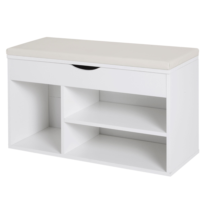 HOMCOM Banco Sapateira com Armazenamento Gaveta Prateleira e Assento Acolchoado para Entrada Estilo Moderno 80x30x47cm Branco