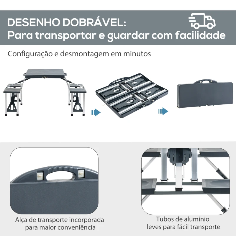 Outsunny Mesa de Campismo Dobrável Mesa Campismo Portátil com 4 Assentos e Orifício para Chapéu de Sol Alumínio para Praia Piquenique 136x84,5x66cm Cinza