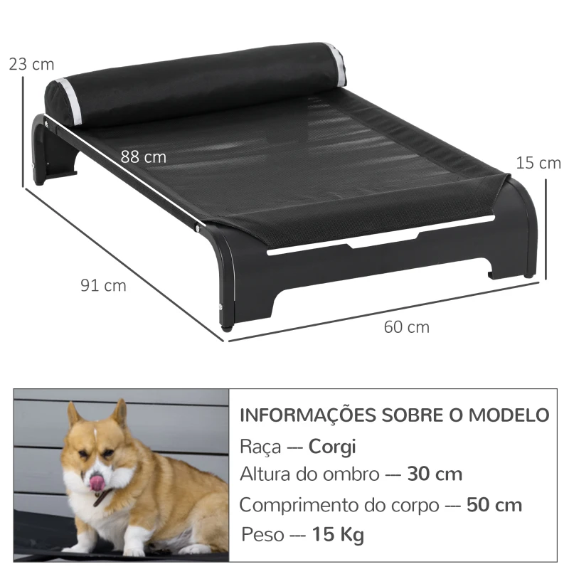 PawHut Cama Elevada para Animais de estimação Cães Gatos Tela Transpirável com Almofada Removível Exterior Interior Jardim Terraço 91x60x23cm Preto