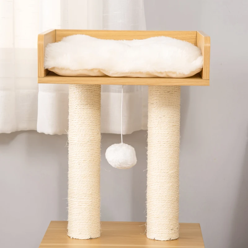 PawHut Árvore para Gatos de 2 Níveis com Caverna Superior Postes Arranhadores de Sisal Natural Almofadas Laváveis e Bola de Brinquedo 35x35x81cm Carvalho