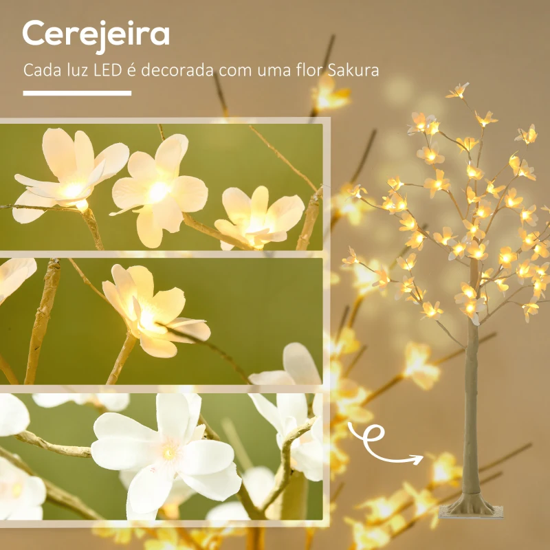HOMCOM Árvore Cerejeira com 48 Luzes LED IP44 em Branco Quente Ramos Flexíveis Árvore de Decoração 18x18x120cm Cáqui